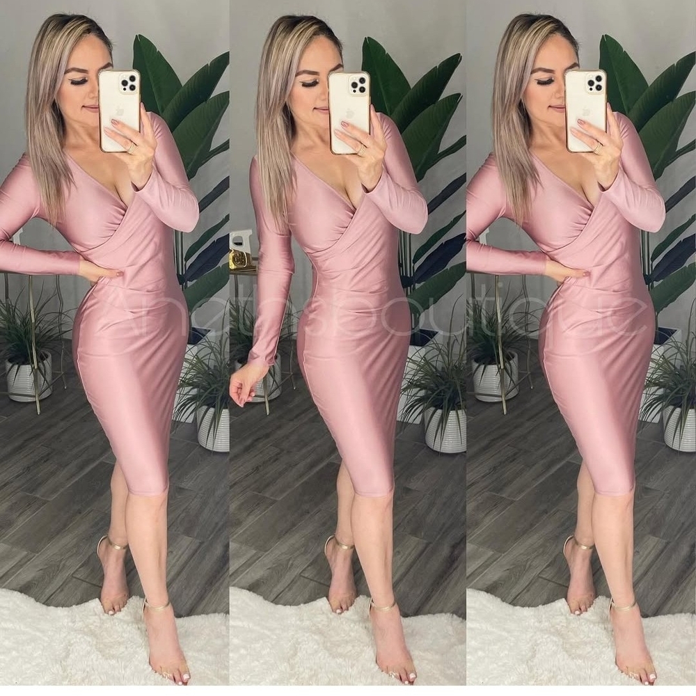 Pink Ribbed V-Neck Long Sleeve Cocktail Dress
